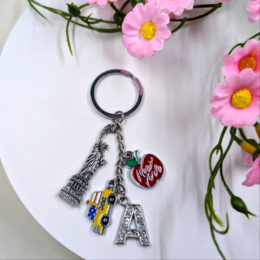 New York Themed Multi Charm Vintage Key Chain With Genuine Crystal Accents